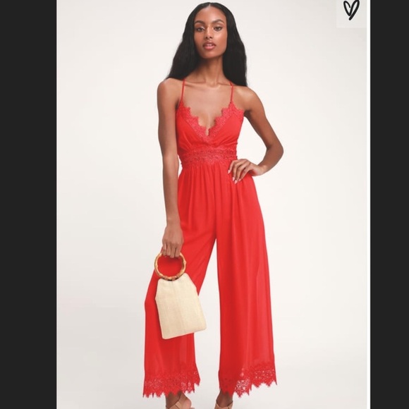 Lulus Sunny Days Dream Red Lace Jumpsuit Size Medium - Picture 1 of 10